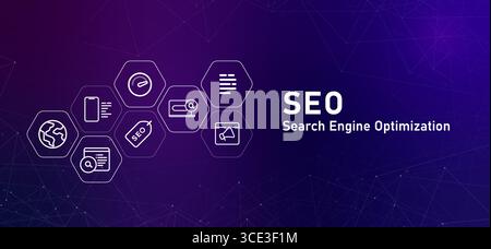 Header Suchmaschinenoptimierung SEO Gliederung Symbole Analysen zur Seitenoptimierung Content Marketing und Linkbildung Stock Vektor