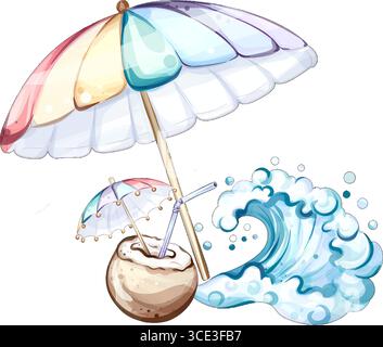 Sommerferien mit pulsierendem Sonnenschirm und erfrischendem Kokosnussgetränk, das die Wellen des Meeres an einem sonnigen Tag am Ufer begrüßt Stock Vektor
