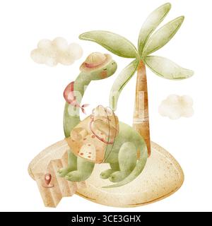 Dinosaurierreisender mit langem Hals auf der Inselpalme. Aquarellabbildung im Cartoon-Stil isoliert auf Hintergrund. Zeichnen Kinder Abenteuer Wandern Stockfoto
