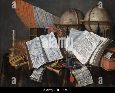 Ölgemälde eines Vanitas-Stilllebens mit Flagge, Kerzenleuchter, Musikinstrumenten, Büchern, Schreibutensilien usw. im 17. Jahrhundert gemalt 1662 vom niederländischen Künstler Edwaert Collier Kunstwerk Bild. Das Gemälde hat symbolische Objekte, die die Vergänglichkeit des Lebens und die Unvermeidlichkeit des Todes darstellen, ein Konzept, das als Memento Mori bekannt ist Stockfoto