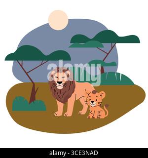 Flache Illustration eines Löwen und Jungen in einer afrikanischen Savannenlandschaft mit Akazienbäumen, Gras und einer untergehenden Sonne. Niedlicher Cartoon-Stil, ideal für Stock Vektor