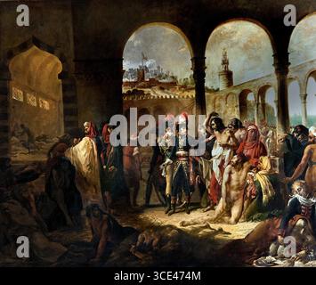 Kaiser Napoleon Bonaparte besucht das Pesthouse in Jaffa 1799 von Baron Antoine Jean Gros 1771-1835 , französisches Museum Paris Frankreich ( Napoleon Bonaparte besucht das Pesthouse in Jaffa' bezieht sich auf ein legendäres Ereignis und das berühmte Gemälde von Antoine-Jean Gros, das Napoleon während seines ägyptischen Feldzugs am 21. März 1799 furchtlos die Wunden der Pestopfer berührt. Gros’ Gemälde von 1804 stellt Napoleon als selbstlosen Helden dar, kontrastiert ihn mit einem verängstigten Offizier und verwendet die Geste, um Moral zu inspirieren und ein heldenhaftes, göttliches Bild des Kaisers zu projizieren. Stockfoto