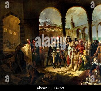 Kaiser Napoleon Bonaparte besucht das Pesthouse in Jaffa 1799 von Baron Antoine Jean Gros 1771-1835 , französisches Museum Paris Frankreich ( Napoleon Bonaparte besucht das Pesthouse in Jaffa' bezieht sich auf ein legendäres Ereignis und das berühmte Gemälde von Antoine-Jean Gros, das Napoleon während seines ägyptischen Feldzugs am 21. März 1799 furchtlos die Wunden der Pestopfer berührt. Gros’ Gemälde von 1804 stellt Napoleon als selbstlosen Helden dar, kontrastiert ihn mit einem verängstigten Offizier und verwendet die Geste, um Moral zu inspirieren und ein heldenhaftes, göttliches Bild des Kaisers zu projizieren. Stockfoto