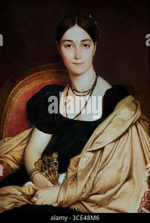 Porträt von Madame Antonia de Vaucay oder Devaucay 1807 von Ingres Jean Auguste Dominique 1780-1867 France French Louvre Museum Paris France, ( Madame Duvaucey ist ein Gemälde des französischen Neoklassizismus Jean-Auguste-Dominique Ingres aus dem Jahr 1807. Es zeigt Antonia Duvaucey de Nittis, die Geliebte des Botschafters beim Heiligen Stuhl, und ist bekannt als Ingres erstes weibliches Porträt, das er während seiner Zeit in Rom gemalt hat. Stockfoto