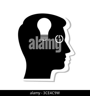 Silhouette eines menschlichen Kopfprofils mit einer Glühbirne, die Ideen, Innovation, Kreativität und Brainstorming in einem minimalistischen und kranken Stil repräsentiert Stockfoto