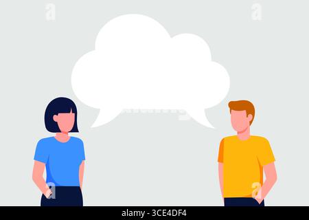 Zwei Personen, die sich mit dem Symbol „Sprechblase“ oben für die Kommunikation einsetzen Stockfoto