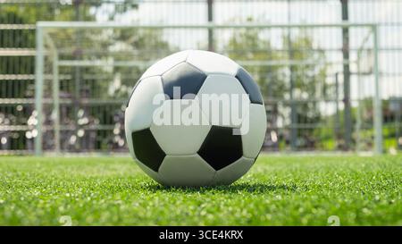 Banner mit Fußball auf grünem Grasfeld vor dem Fußballtor in der Mitte. Fußball auf dem Feld vor dem Torpfosten. Fußballstadion im Hinterkopf Stockfoto