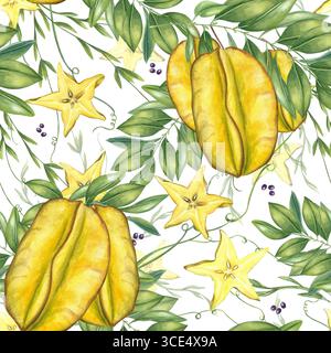 Exotische Sternenfrüchte, Blattzweige und nahtloses Aquarellmuster auf isoliertem Hintergrund. Karambolenblätter verzieren sich Stockfoto
