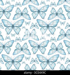 Nahtloses dichtes Muster fliegender abstrakter blauer Motten auf isoliertem Hintergrund. Handgemalte Schmetterlinge Aquarellillustration. Einfarbig verziert Stockfoto