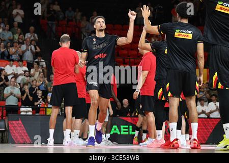 Charleroi, Belgien. August 2025. Die belgische Ismael Bako wurde vor einem Basketballspiel zwischen der belgischen Nationalmannschaft Belgische Lions und Großbritannien am Freitag, den 15. August 2025 in Oostende in einem Freundschaftsturnier gezeigt. BELGA PHOTO MAARTEN STRAETEMANS Credit: Belga News Agency/Alamy Live News Stockfoto