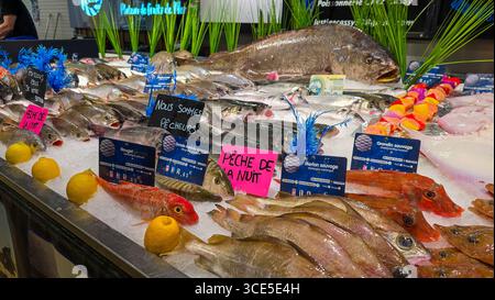 Der frische Fisch auf dem Eis auf der Theke, vom typischen französischen Markt. Juni 2025. Soulac sur Mer, Medoc, Aquitaine, Frankreich. Stockfoto