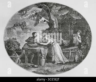 "Paul et Virginie" (Paul und Virginia). Roman von Jacques-Henri Bernardin de Saint-Pierre (1737–1814), veröffentlicht 1788. Es zeigt zwei Freunde aus der Kindheit, die sich unschuldig verlieben. Der Roman spielt in Isle de France (heute Mauritius), einem Ort, den der Autor besucht hatte. Die Wohltätigkeitsorganisation von Virginia. Virginia ernährt und trinkt eine Frau, die auf Mauritius geflohen ist. Stich von Huyot nach Philibert-Louis Debucourt (1755-1832), 1796. Direktorin, Konsulat und Reich. Moeurs et Usages, Lettres, Sciences et Arts. France, 1795-1815' (Verzeichnis, Konsulat und das Reich von Frankreich. Kunde Stockfoto