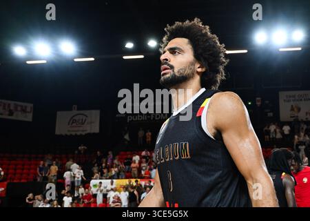 Charleroi, Belgien. August 2025. Der belgische Jean-Marc Mwema wurde nach einem Basketballspiel zwischen der belgischen Nationalmannschaft Belgische Lions und Großbritannien am Freitag, den 15. August 2025, in Oostende in einem Freundschaftsturnier gezeigt. BELGA PHOTO MAARTEN STRAETEMANS Credit: Belga News Agency/Alamy Live News Stockfoto