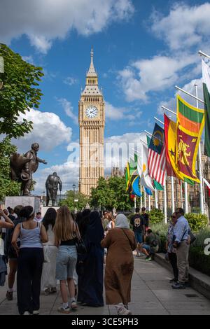 August 2025, London, England, Vereinigtes Königreich, Gedenkfeier zum VJ-Tag 80. Im Bild: Der Parlamentsplatz ist voll mit bunten Fahnen gekleidet, um zum 80. Jahrestag des VJ-Tages (Sieg in Japan) im Zweiten Weltkrieg am 15. August zu erinnern. Zu den Flaggen gehören die Flaggen des Vereinigten Königreichs und seiner konstituierenden Länder, die des Commonwealth of Nations sowie die britischen Überseegebiete und die Kronabhängigen. Stockfoto
