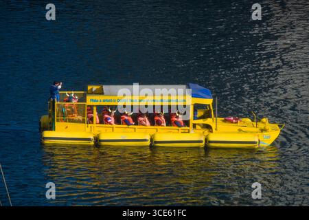Geändert DUKW Amphibienfahrzeug aus dem Zweiten Weltkrieg von Viking Splash Tours im Grand Canal, Docklands, Dublin, Leinster, Irland Stockfoto