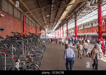 Fahrräder auf Racks in London Marylebone Bahnhof gespeichert, Marylebone, Westminster, London, England, Vereinigtes Königreich Stockfoto