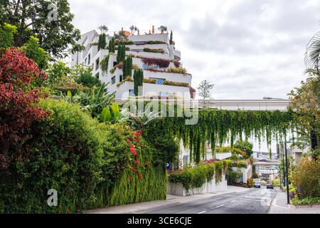 Funchal, Insel Madeira, Portugal - 10. Juli 2025; wunderschönes Hotel mit einem herrlichen Garten auf den Terrassen des Gebäudes. Hochwertige Fotos Stockfoto