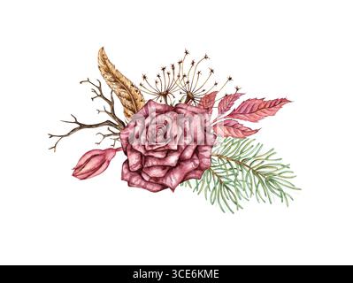 Burgunderrosen, Knospen mit Kiefernzweigen, trockene Zweige, getrocknete Blüten und Federaquarell Illustration. Winterblumen-Arrangement für Weihnachten und New YE Stockfoto