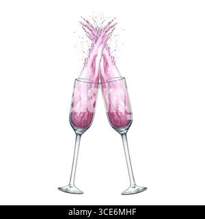 Zwei Gläser rosafarbener Champagner klingeln. Handgezeichnete Aquarellillustration. Isolation. Kartendesign-Element. Für Banner und Poster. Für Stockfoto