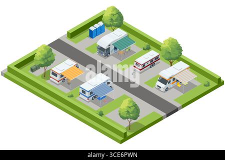 Isometrische Abbildung eines Parkplatzes für Wohnmobile mit mehreren Wohnmobilen, Markisen und Sitzplätzen im Freien Sommerurlaub und Reisekonzept Stock Vektor