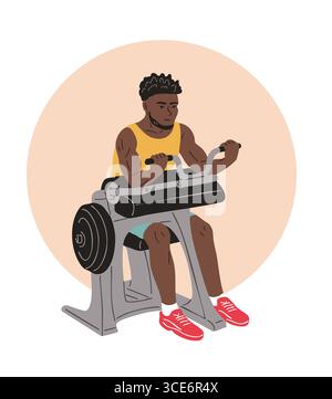 Flache Vektor-Illustration eines jungen afroamerikanischen Mannes, der Armmuskeln auf einem Fitnessgerät trainiert. Fitness- und Krafttraining. Isoliert auf weißem bac Stock Vektor