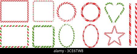 Bilderrahmen-Set für Weihnachtsbonbons. Rechteck-, Kreis-, Stern- und Herzränder im gestreiften roten und grünen Lutscher-Stil Stock Vektor