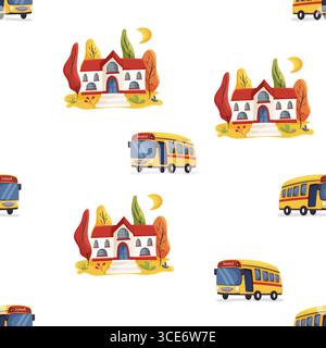 Nahtloses Muster mit Schulgebäude und Schulbus Stock Vektor