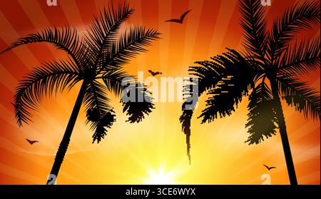 Tropischer Sonnenuntergang mit Palmen Silhouetten fliegende Vögel und gelber Himmel Hintergrund bereisen das Sommerparadies Stock Vektor