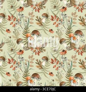 Nahtloses Herbstmuster mit Waldpflanzen. Hand gezeichnet von Aquarellfarn, Blättern, Pilzen Stockfoto