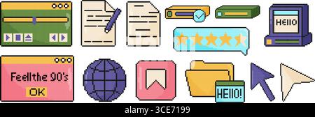 Vaporwave UI- und UX-Elementsatz. Pixelbildobjekte im 8-Bit-Stil. Isolierte Vektordarstellung Stock Vektor