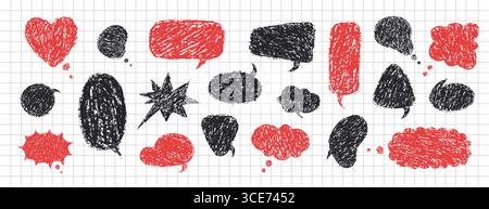 Buntstift-Sprechblase. Vektorsatz mit Kreide-Scribble-Text. Schwarz und rot Retro-handgezeichneter Doodle-Dialog im Skizzenstil Stock Vektor