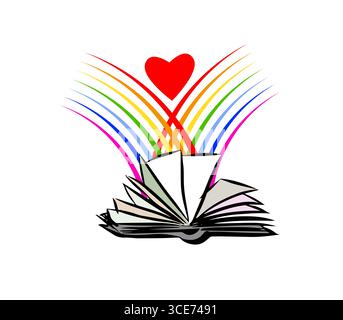 Logobuch und Regenbogen . Zurück zur Schule. Die Freude an der Erziehung. Handgezeichnet. Nicht AI, Vektorillustration Stock Vektor