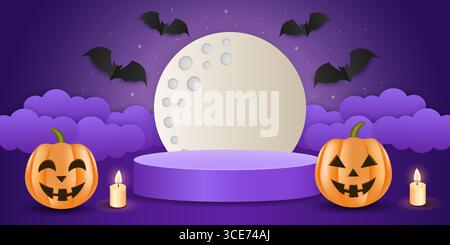 Halloween Nacht Hintergrund mit Kürbissen, Kerzen, Fledermäusen, Vollmond, lila Wolken und Podium, gruselige Feiertagsvektor Illustration. Stock Vektor