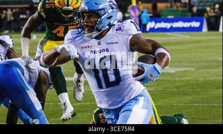 Edmonton, Kanada. August 2025. Toronto Argonauts (10) Kevin Mital wurde während der regulären CFL-Saison im Commonwealth Stadium gesehen. Endpunktzahl Edmonton Elks (3-7) : Toronto Argonauts (2-8) Credit: SOPA Images Limited/Alamy Live News Stockfoto