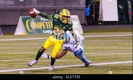 Edmonton, Kanada. August 2025. Edmonton Elks (22) Javon Leake in Aktion mit Toronto Argonauts (35) Isaac Darkangelo während der regulären CFL-Saison im Commonwealth Stadium. Endpunktzahl Edmonton Elks (3-7): Toronto Argonauts (2-8) (Foto: Ron Palmer/SOPA Images/SIPA USA) Credit: SIPA USA/Alamy Live News Stockfoto
