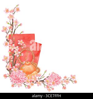 Ecke mit Aquarellroten Umschlägen für Geld, Sakura-Kirschbaumzweigen, rosa Chrysanthemen, Mandarinen und chinesischen Münzen. Chinesisches Neujahrsclipart Stockfoto
