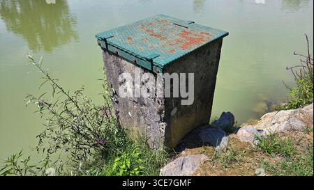 Alte Betonkiste mit Deckel aus oxidiertem Metall steht am Seeufer, umrandet von Gräsern und violettem Loosestrife, Lythrum salicaria, unter Bright Stockfoto