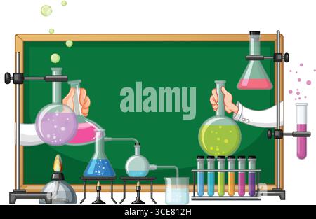 Vektor-Illustration von Händen, die vibrierende Chemikalien in Glaswaren vor einer Tafel mischen, mit Laborausrüstung, Reagenzgläsern und wissenschaftlichen Exponaten Stock Vektor