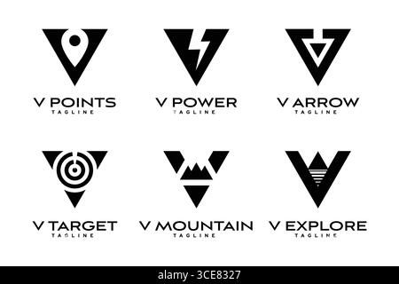 Sammlung von sechs kreativen Logos mit dem Buchstaben V und stilisierten Symbolen. Stock Vektor