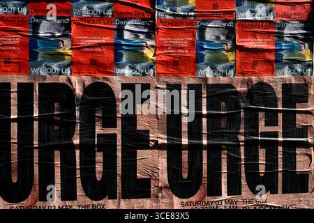 Flying Poster on a Wall, Bourchier Street, Soho, London, UK. April 2025 Stockfoto