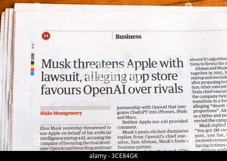 Elon 'Musk bedroht Apple mit einer Klage und behauptet, App Store bevorzuge OpenAI gegenüber Rivals' Guardian artikel 13. August 2025 Stockfoto