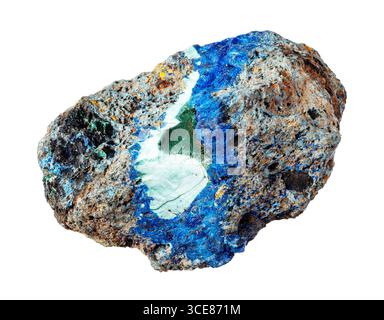 Unbearbeiteter natürlicher Azurit- und Malachitmineralausschnitt auf weißem Hintergrund Nahaufnahme Stockfoto