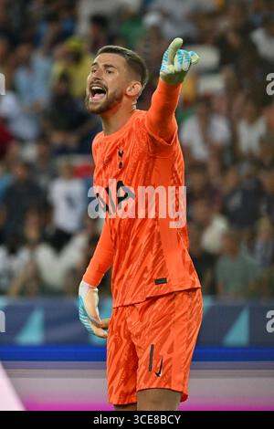 Guglielmo Vicario beim Finale des UEFA-Superpokals 2025 Paris Saint-Germain FC gegen Tottenham Hotspur FC im Bluenergy Stadium von Udine, Italien (Felice de Martino/SPP) Stockfoto