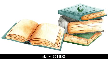 Stapel magischer Bücher mit einem offenen Buch. Wasserfarbensymbol auf weißem Hintergrund. Thema: Magie, Halloween, Hexerei. Stockfoto