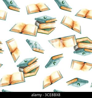Nahtloses Aquarellmuster mit magischen Büchern. Thematisches Muster für Hintergründe, Textilien, Karten usw. Stockfoto