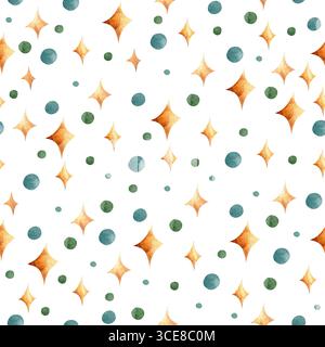Nahtloses Aquarellmuster mit Kreisen und Sternen. Muster für Hintergrund, Textilien für Kinder oder Jugendliche, Postkarten und mehr Stockfoto