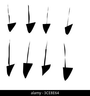 Satz handgezeichneter schwarzer Pfeile mit einfachen Linien nach unten. Symbolgruppe für linearen Pfeil. Vektorillustration, flache Ausführung. Isolierte Abbildung. Stockfoto