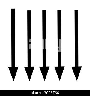 Satz handgezeichneter schwarzer Pfeile mit einfachen Linien nach unten. Symbolgruppe für linearen Pfeil. Vektorillustration, flache Ausführung. Isolierte Abbildung. Stockfoto
