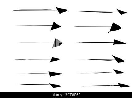 Satz handgezeichneter schwarzer Pfeile mit einfachen seitlich zeigenden Linien. Symbolgruppe für linearen Pfeil. Vektorillustration, flache Ausführung. Isolierte Abbildung. Stockfoto