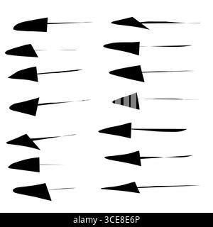 Satz handgezeichneter schwarzer Pfeile mit einfachen seitlich zeigenden Linien. Symbolgruppe für linearen Pfeil. Vektorillustration, flache Ausführung. Isolierte Abbildung. Stockfoto